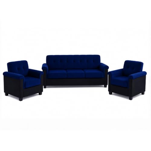 Image of FURNY Woodswave 5 Seater Sofa Set with Velvet Fabric, 3+1+1+2 Puffy Sofa Set for Living Room (Blue-Black) | Durable & Comfortable | Ideal for Living Room