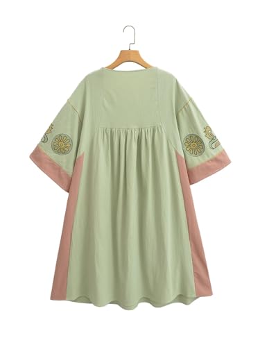 Image of Joiemont Womens Oversized Floral Embroidered Long Dress with V-Neck and 3 /4 Sleeves Vintage Embroidery Babydoll Dress