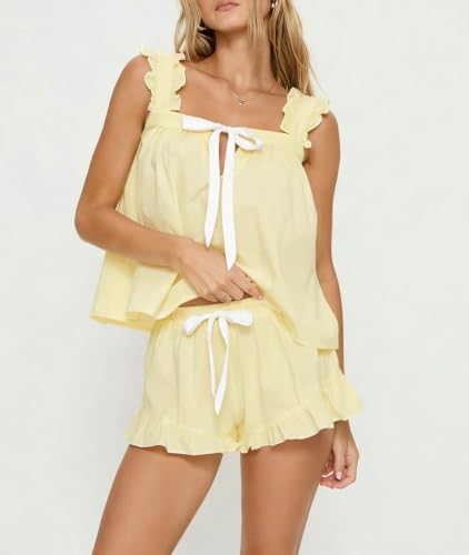 Image of ROAONOCOMO Women Floral Pajama Set Ruffle Babydoll Cami Top Coquette Pj Set Gingham 2 Piece Shorts Outfit Bridal Loungewear