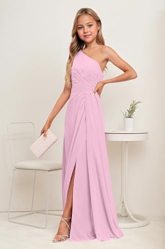 Junior Bridesmaid Dresses One Shoulder Chiffon Flower Girl Dress Long Party Pageant Gowns Pink Size 22