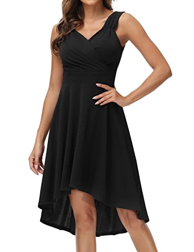 GRACE KARIN Women's Retro V-Neck A-line Bridesmaids Dress High Low Hem Black Size L