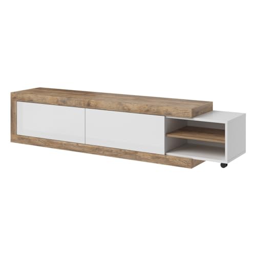 PRICE FACTORY just for you Meuble TV Extensible Sinatra – Chêne et Blanc Brillant – 2 Portes + niches – L200 à 240 x H43,4 x P40 cm