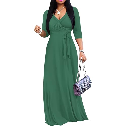 Image of PinkPatty Women's Print Maxi Dresses 3 /4 Sleeve Flowy Long Dress V Neck Wrap Tie Waist Sundress