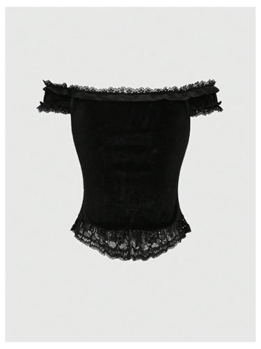 SHENHE Women's Goth Top Lace Trim Velvet Off Shoulder Short Sleeve Punk Top Shirt2