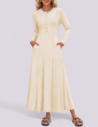 Image of ZESICA Women's Elegant Maxi Dresses 2026 Fall Long Sleeve Button Casual A Line Boho Flowy Dress with Pockets