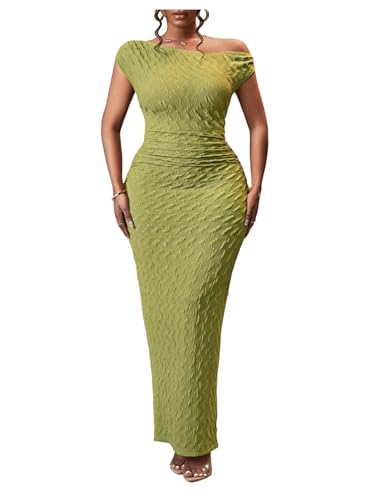 Floerns Women's Plus Size Summer Going Out Long Dress Dolman Sleeve One Shoulder Textured Bodycon Party Sexy Maxi Dresses