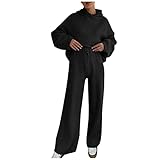 QI_LIANG Set Für Damen Schlichtes Rundhals Outfit Plüsch Luftige Taillierte Cool Longsleev Set Damen Party mit Kapuze Mit Taschen Christmas Schwarz