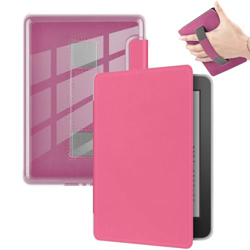 6.8インチKindle Paperwhite(第11世代、2021)用ケース、ウルトラクリアソフトライト透明TPUバックカバー、ハンドストラップ付き、自動ウェイク/スリープ、ラズベリー。（Amazon）