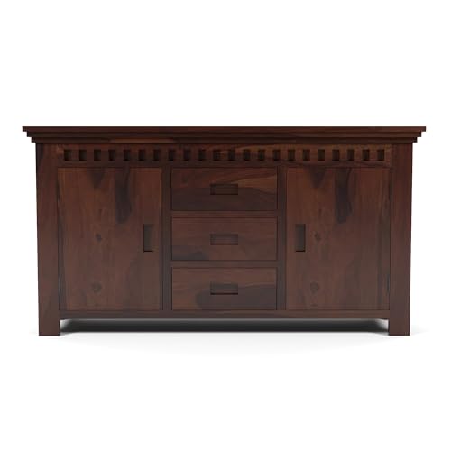 Image of Solid Sheesham Wood Wooden Sideboard Storage Cabinet & Chest of Drawer : Ideal for Living Room and Bedroom with 3 Drawers and 4-Shelf Storage (Carter, Walnut Finish)