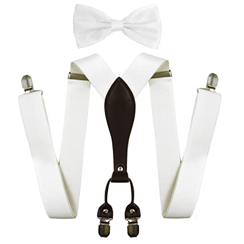 HANERDUN Elegante Conjunto Tirantes Pajarita Hombre En Forma de Y Elástica y Ajustable 4 Clips Metálicos Muy Resistentes Hombres de Hasta 2 m de Altura (Blanco Claro) Cover