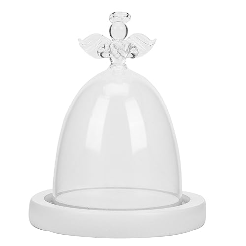 Cabilock Estojo de exibição cloche de vidro com alça em forma de base branca para bolo, sobremesa, suporte para colecionáveis, rosa encantada, pequenos globos de neve, artesanato