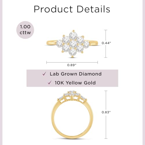 Jewelili 10K Yellow Gold 1 Cttw Round Lab Grown Diamond Cluster Anniversary Ring for Women | Size 6, 7 & 84