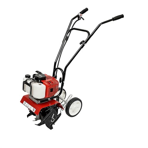 LUNICASHA 52CC Rotavator Petrol 2-Stroke Mini Soil Cultivator with 4 Steel Blades and 22.5cm Working Width Petrol Rotavator for Soil Aeration Bed Preparation