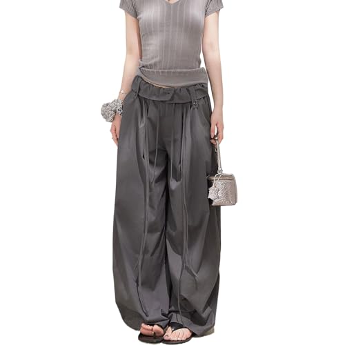 Womens Y2K Baggy Casual Parachute Pants High Waist Wide Leg Straight Draped Streetwear Gray Trousers