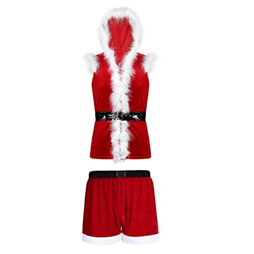Agoky Mens Santa Claus Costumes Sexy Christmas Outfit Set Velvet Hooded Coat with Boxer Shorts Red X-Large