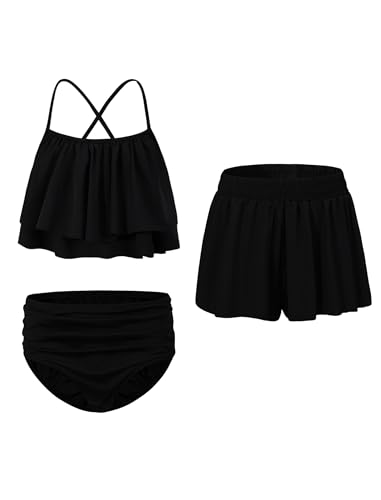 Image of EXARUS Girls Bikini 3 Pieces Bathing Suits Swimsuits Ruched Swimwear Mid Rise Beach Pool