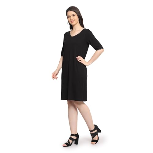 Image of Frenchtrendz Women's Cotton and Back Lace Designer V-Neck A-Line Knee Length Dress
