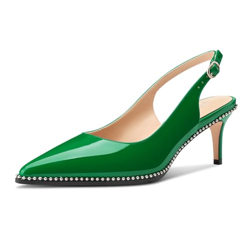 HDEUOLM Womens Mid Kitten Heel Pointed Toe Beaded Sandals Pumps Slingback Wedding Cute Patent Leather Summer 2.4 Inches Heels