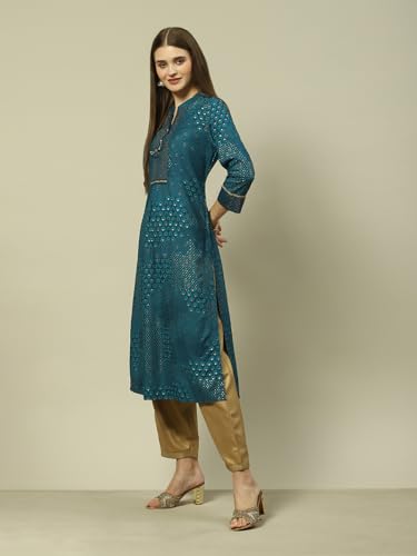 Image of Rangriti Teal Blue Viscose Straight Printed Kurta for Women