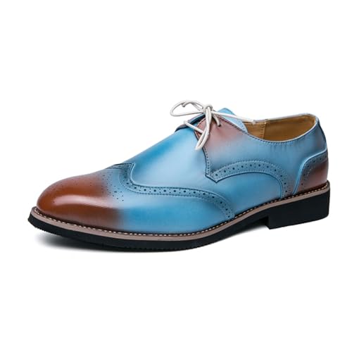 Men Oxford Dress Shoes Gradient - Color Brogues Wing Tips Lace Up Patchwork Two Tone Color Matching Punched Round Toe