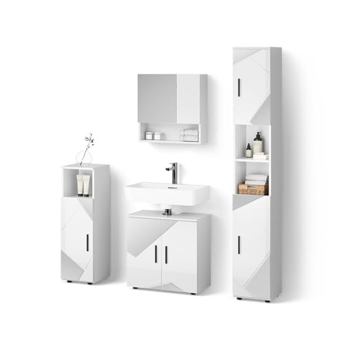 Livinity Badmöbel-Set Ronco, Weiß Hochglanz mit Einsätzen, 4 Teile, mit Hochschrank Livinity Badmöbel-Set Ronco, Weiß Hochglanz mit Einsätzen, 4 Teile, mit Hochschrank