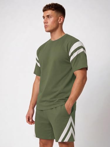 Image of CHKOKKO Men's Co-Ord Set Premium Cotton Blend Oversized T-Shirt & Shorts Cord Set with Side Pockets Round Neck Half Sleeves Solid with Contrasting Stripes Summer or Casual Wear