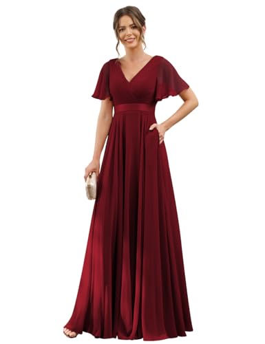 Short Sleeve Bridesmaid Dress for Women V Neck Long Formal Evening Dress with Pocket AU149
