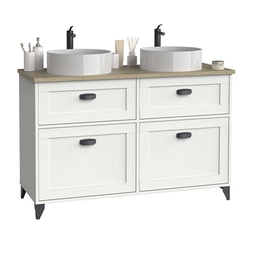 Muebles Pitarch | Mobile da bagno doppio, larghezza 120cm, con piedi, 2 cassetti a chiusura lenta, 2 porte, per lavabi da appoggio, Bianco e Rovere Cambrian, stile Vintage, modello Toscana