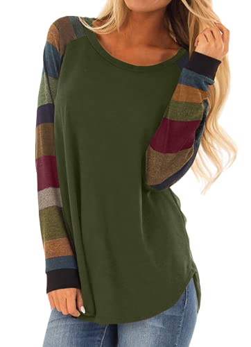 BLENCOT Womens Casual Rond Neck Color Block Long Sleeve Flowy Loose Green Tunics Shirt and Blouse Tops Large