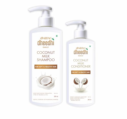 Image of Dhathri Dheedhi Daily Coconut Milk Shampoo and Conditioner with Aloe Vera, Amla, Almond Oil - Deeply Nourishing and Frizz Free Hair, Free from Parabens, Dyes, and Phthalates