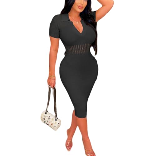 Image of Women's Fashion Sexy Elegant Comfortable Fit Vital V-Neck Knitted Short Sleeve Dress