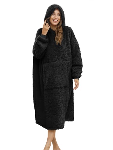 ililmmoe Übergroße Sherpa-Decke mit Kapuze für Damen und Herren Lange Bequeme Sherpa-Decke zotteliger Pullover Plüsch Olive gemütlich Einheitsgröße