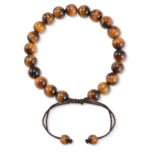 Aluckiss 8mm Adjustable Tiger Eye Bracelet for Men Women Round Beaded Bracelets Jewelry Natural Gemstone Handmade Polishing Stone Protection Bracelet for Spiritual Healing Meditation Yoga