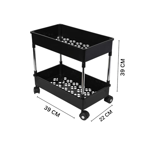 Image of 2 Tier Storage Rack, Kitchen Trolley, Storage Cart with Wheels, Rolling Storage Cart, Kitchen Storage Rack, Multipurpose Trolley (Black)