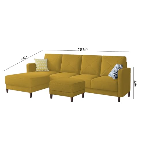 Image of Baloney LHS 6 Seater L Shape Sofa Set with Center Table for Living Room (Yellow Fabric) Premium Fabric Sofa