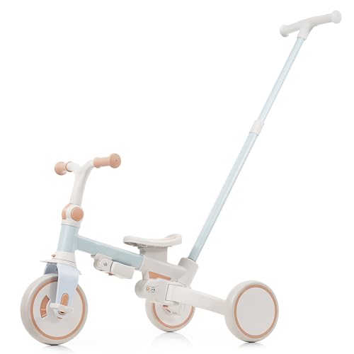 Image of 7 in 1 Baby Tricycle, Foldable Toddler Tricycle with Removable and Adjustable Parent Handle, Toddler Push Bike with Removable Pedal, Canopy, and Guardrail, Tricycle for 12-72 Months (Blue)