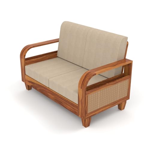Image of Sheesham Wooden 7 Seater Sofa for Living Room | Solid Wood Sofa with Rattan Cane Side Rack | Rosewood Sofa Set for Home & Office | Lounge (Honey, 3+2+2 Seater)