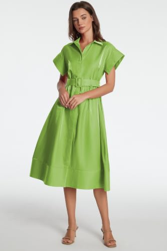 Image of Ladyful Women Casual Button Down Shirt Dress Short Wing Sleeve Buiness Midi Shirt Dress with Belt Elegant Dress