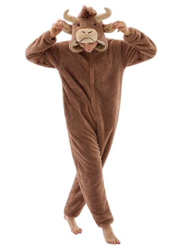 JUOLOET Unisex Adult Onesie Pajamas Cow Animal One Piece Snug Fit Halloween Costume Sleepwear HomewearHighland Cow Medium