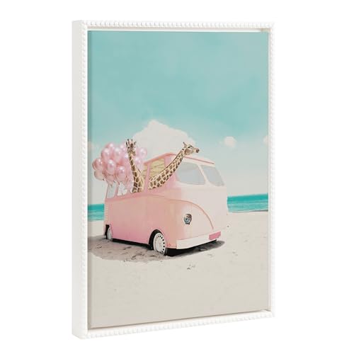 Image of Kate and Laurel Sylvie Beaded Pink Van Vintage Framed Canvas Wall Art by July Art Prints, 18x24 White, Giraffe Beach Wall Art Decor