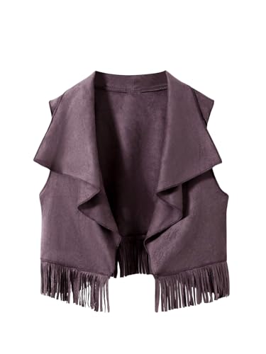 Image of SOLY HUX Girl's Cute Vest Sleeveless Fringe Suede Vests Western Vest Jacket Cardigan Trendy Fall Outerwear