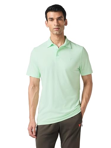 Image of TECHNOSPORT Men's Solid Slim Fit Polo Collar T-Shirt COTFLEX Half Sleeve Button Polyester for Gym Running Workout UPF50+ Anti Odour
