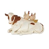 Deco 79 Polystone Cow Sleeping Sculpture with Sitting Roosters and Chicks, 11' x 6' x 6', Cream