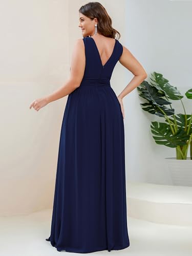 Image of Ever-Pretty V Neck Sleeveless Pleated Chiffon Maxi Plus Size Formal Dress for Women Bridesmaid Dresses 09016-DA