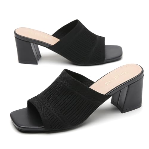 Tilocow Knit Heeled Sandals Chunky Low Block Heel Mules for Women Square Open Toe Heels Slip On Breathable Slides Sandal4
