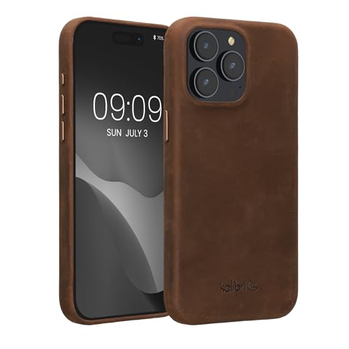 Image of kalibri Case Compatible with Apple iPhone 15 Pro Max - Case Smooth Genuine Leather Hard Case Anti Slip Cover - Brown