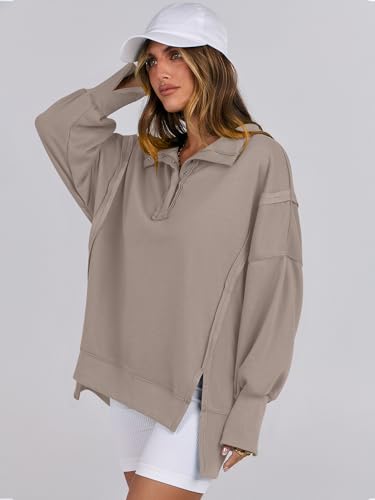 ANRABESS Women's Sweatshirts Oversized Casual Loose Button Up Henley Pullover Top High Low Split 2025 Fall Fashion Outfits4