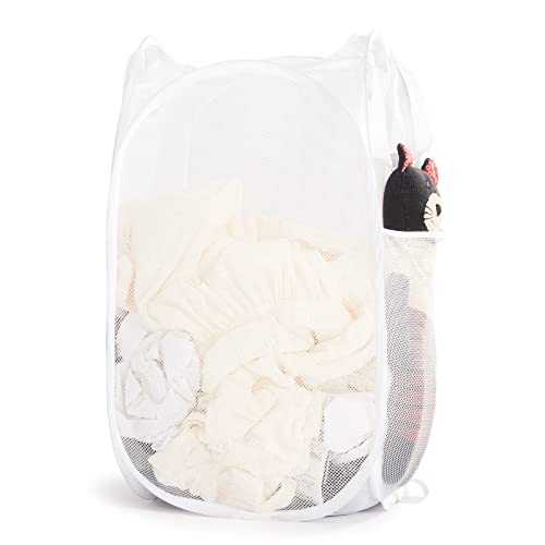 TECHMILLY ランドリーバスケット 折りたたみ 洗濯カゴ 大容量 71L メッシュ 省スペース 取っ手付き ランドリーバッグ 収納 洗濯物 袋 かご 持ち運び可能 軽量 旅行 ゴミ箱 (ホワイト、1PCS)