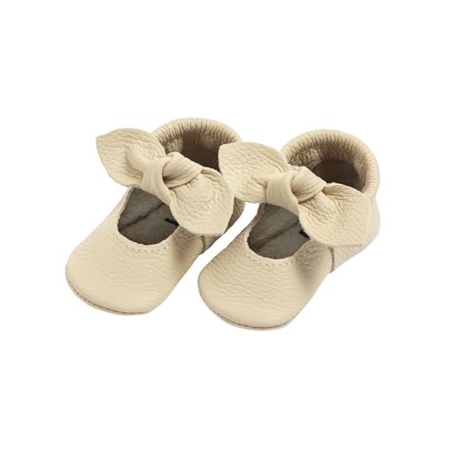 Freshly Picked First Pair Knotted Bow Baby Girl Shoes 6-12 Months - Leather Moccasins - Barefoot (Cream, 2)
