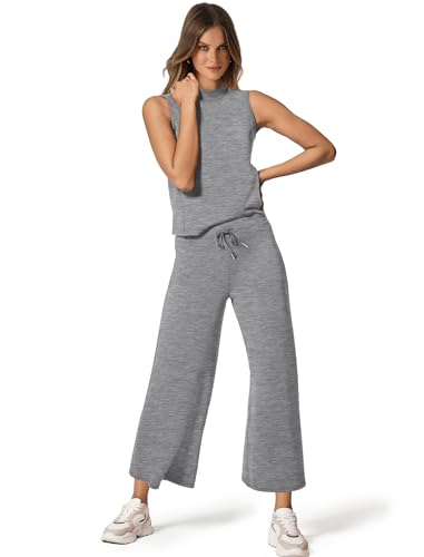Image of SAMPEEL Two Piece Sets for Women Summer Outfits Lounge Sets Mock Neck Tops Wide Leg Crop Pants Vacation Travel Outfits